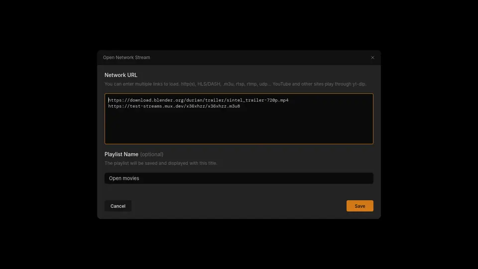 Open Network Stream dialog