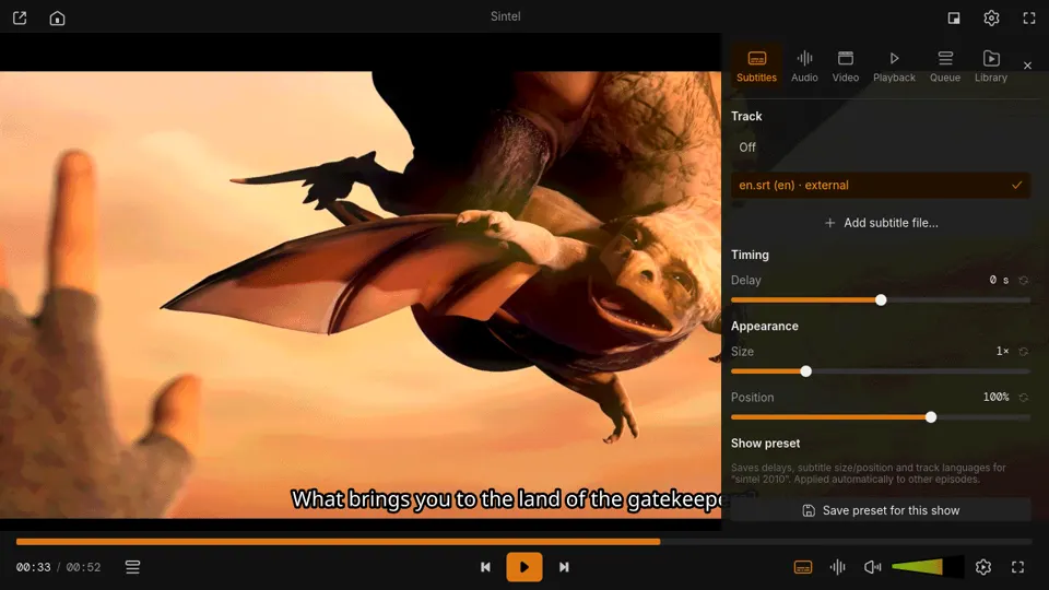 Side panel with subtitle settings
