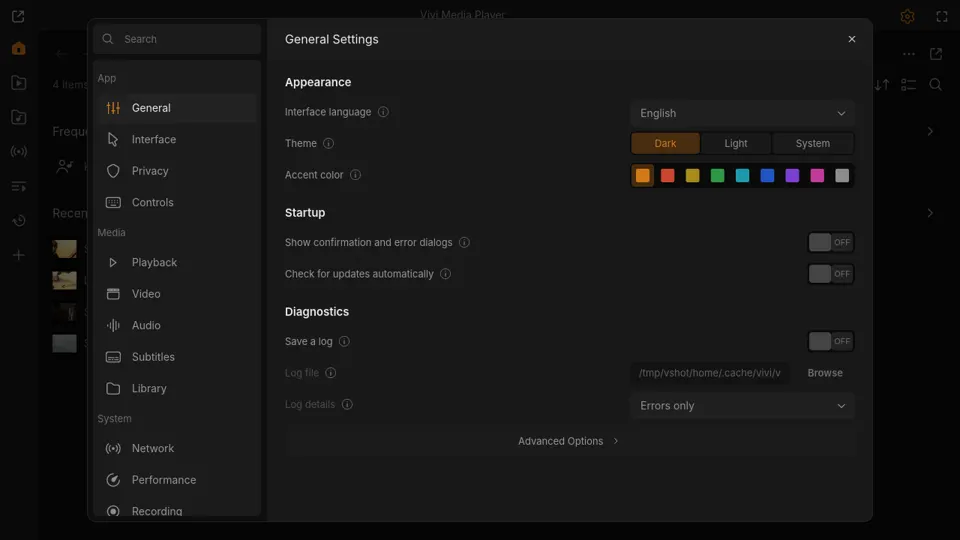 Settings window